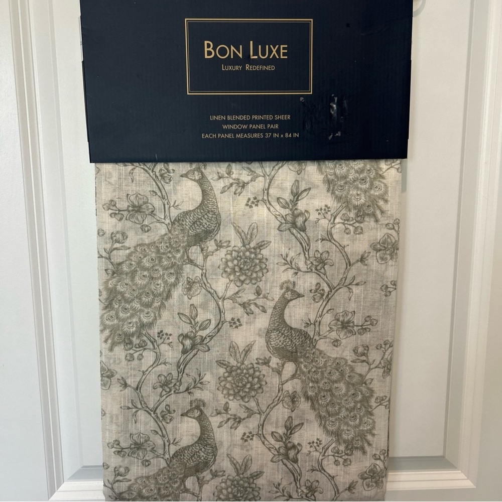 NIP Bon Luxe Window Curtains 2 Panels 37 x 84 Peacock Toile Khaki Green Linen